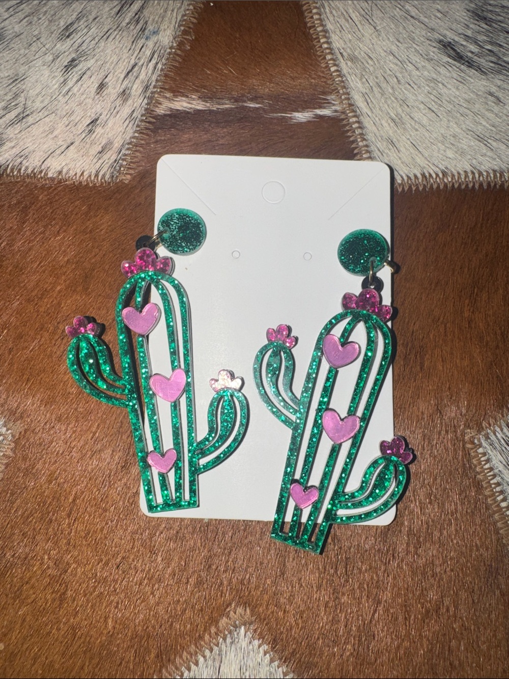 Green Glitter Cactus Earrings with Pink Hearts clip on